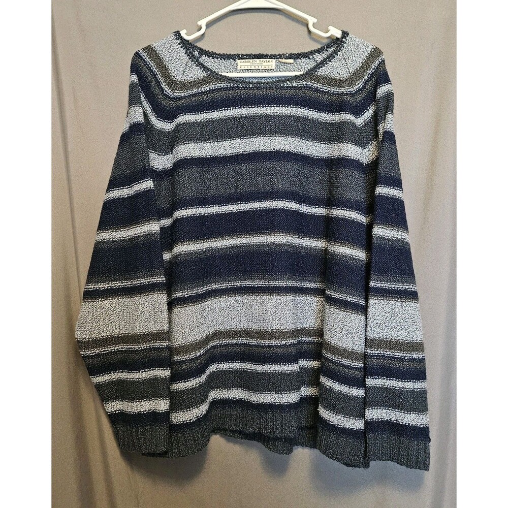 Carolyn Taylor Essentials Womens Striped Knit Sweater Blue Gray Oversized...